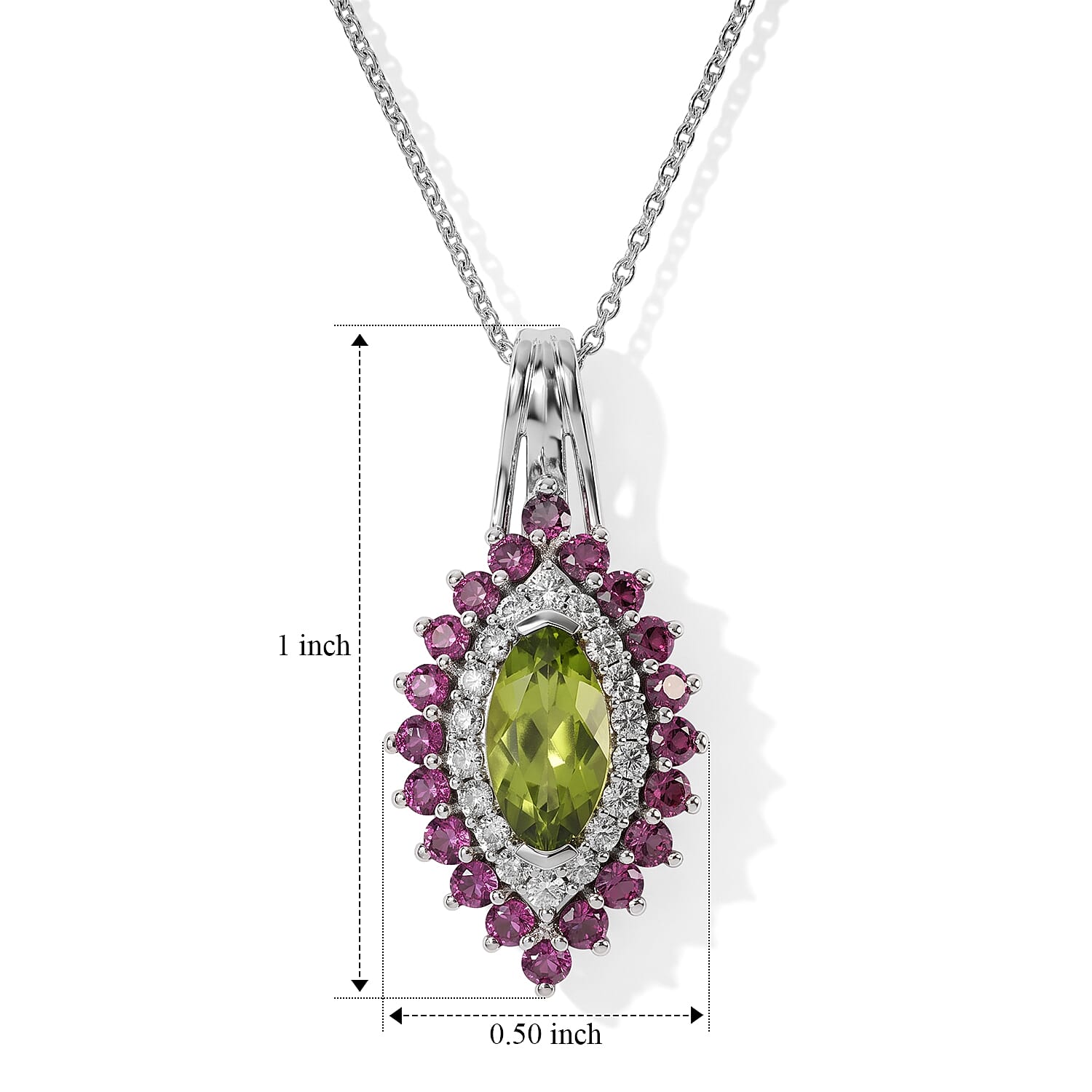 D'Joy Premium Hebei Peridot and Multi Gemstone 2.50 ctw Pendant Necklace in Rhodium Over Sterling Silver 20 Inches
