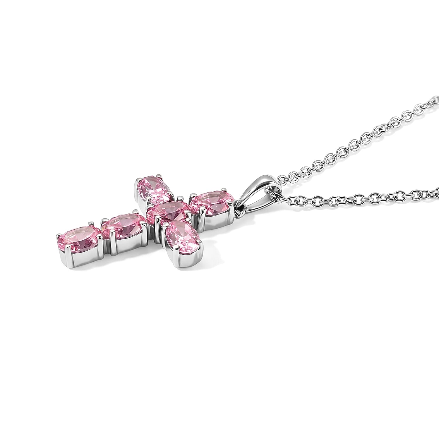 EverTrue Simulated Pink Diamond Blush Radiance Cross Pendant Necklace in Stainless Steel 20 Inches