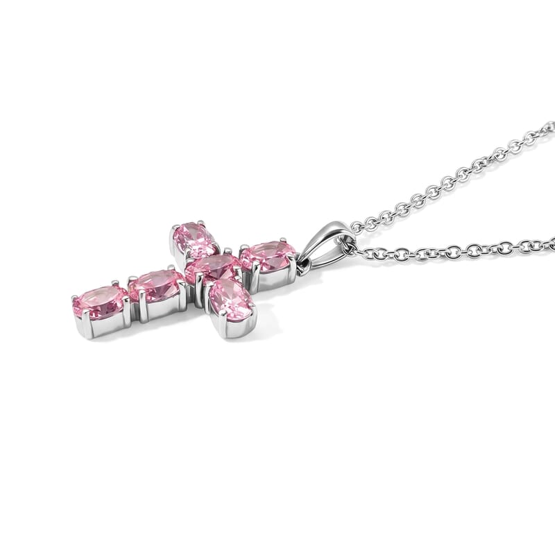 EverTrue Simulated Pink Diamond Blush Radiance Cross Pendant Necklace in Stainless Steel 20 Inches