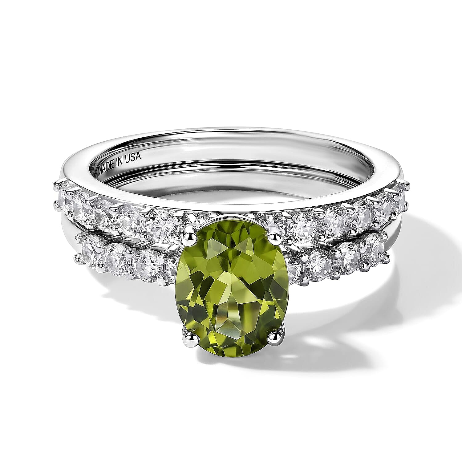 D''Joy Premium Hebei Peridot and White Zircon 3.00 ctw Set of 2 Ring in Rhodium Over Sterling Silver (Size 7.0)