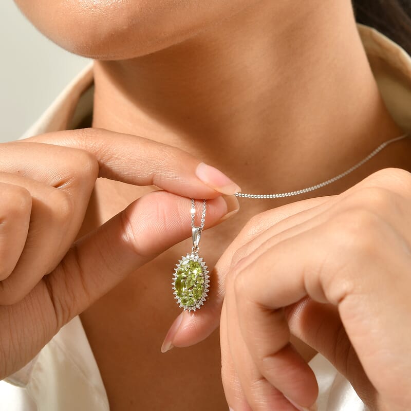 D'Joy Hebei Peridot and Moissanite 2.20 ctw Pendant Necklace in Rhodium Over Sterling Silver 20 Inches