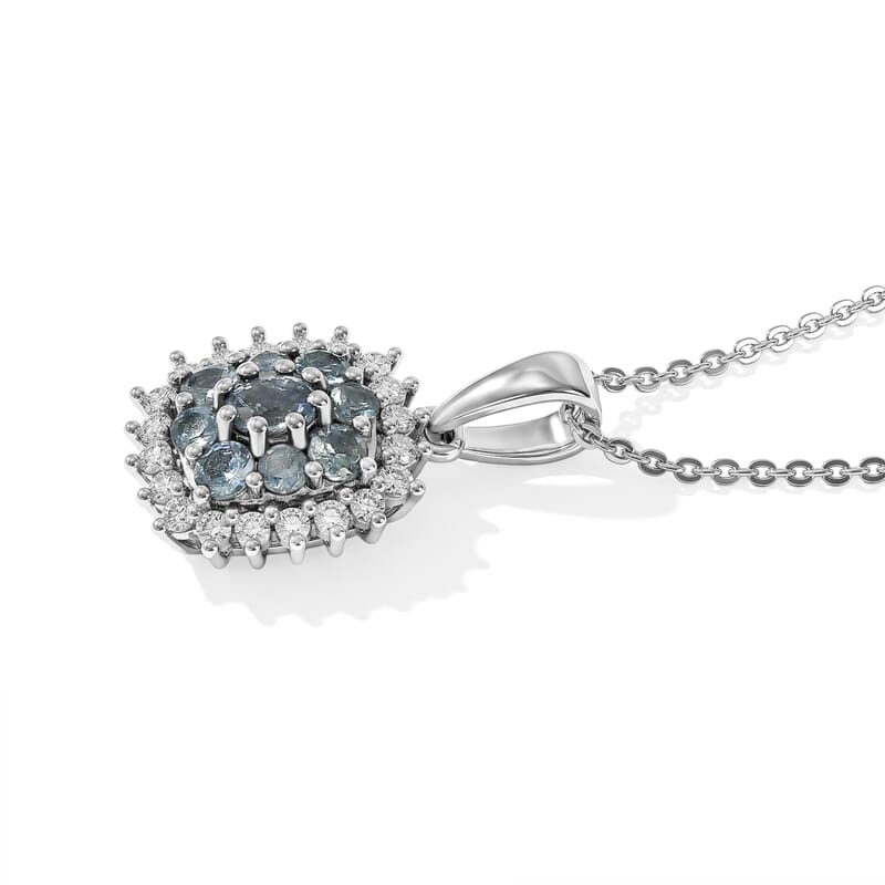 D'Joy Montana Sapphire and Moissanite 1.15 ctw Rockies Grand Mosaic Pendant Necklace in Rhodium Over Sterling Silver 20 Inches