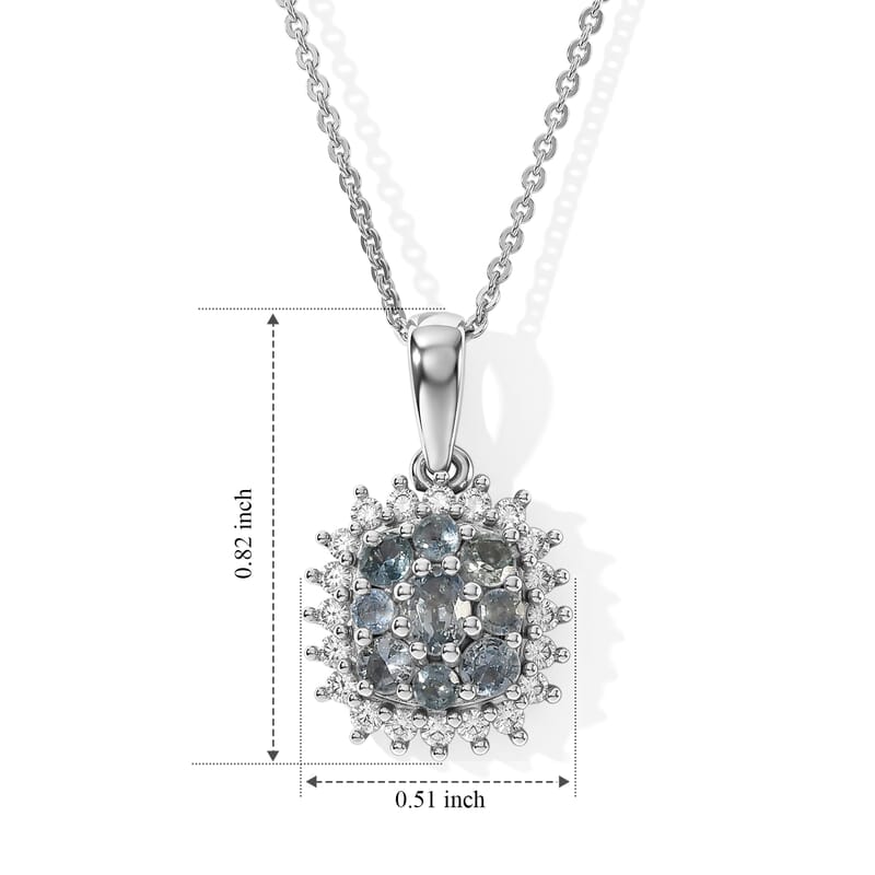 D'Joy Montana Sapphire and Moissanite 1.15 ctw Rockies Grand Mosaic Pendant Necklace in Rhodium Over Sterling Silver 20 Inches