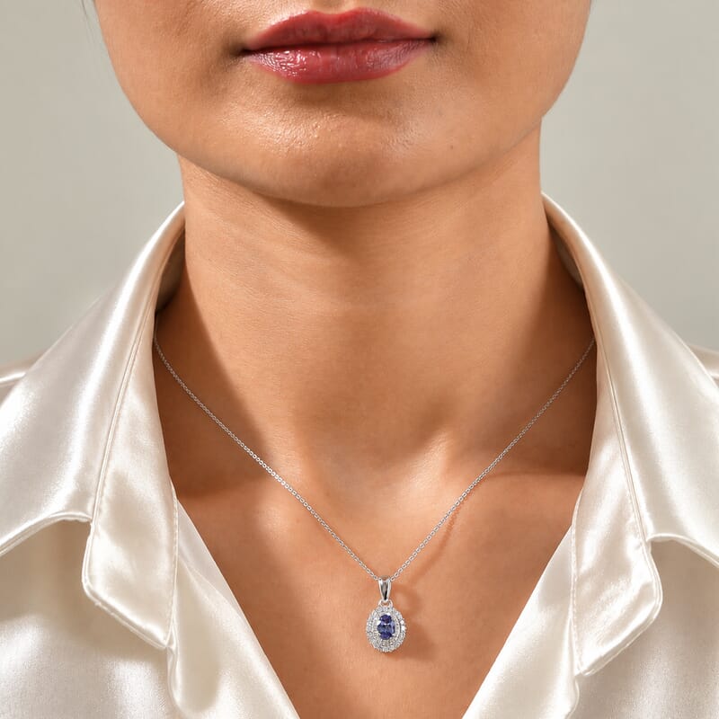 D'Joy Premium Tanzanite and Moissanite 1.00 ctw Pendant Necklace in Rhodium Over Sterling Silver 20 Inches