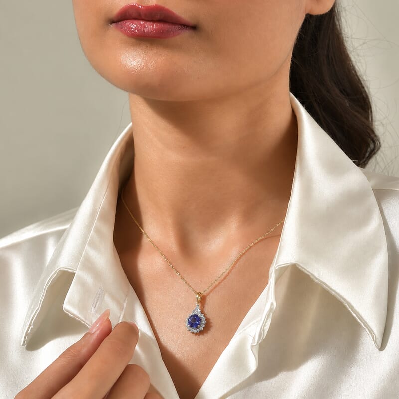 Certified and Appraised AAA Tanzanite and Luxuriant Lab Grown Diamond G-H SI 2.70 ctw Pendant Necklace in 10K Yellow Gold (18 Inches)
