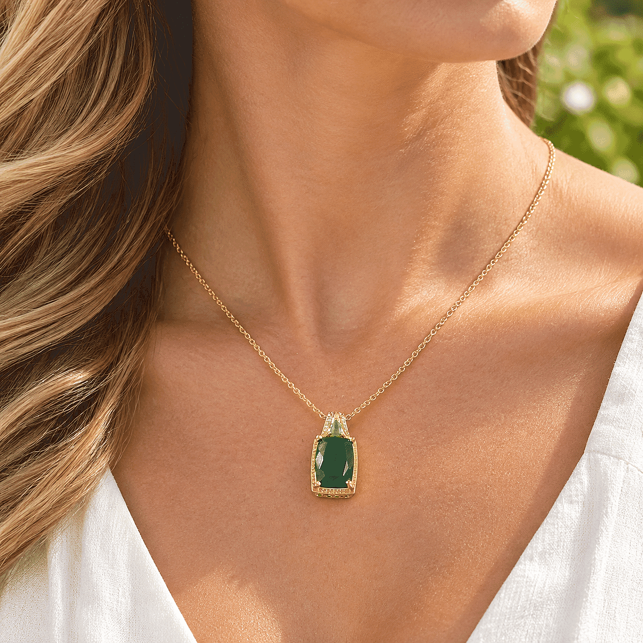 EverTrue Premium Verde Onyx and White Zircon 6.80 ctw Pendant in 18K YG Plated with ION Plated YG Stainless Steel Necklace 20 Inches