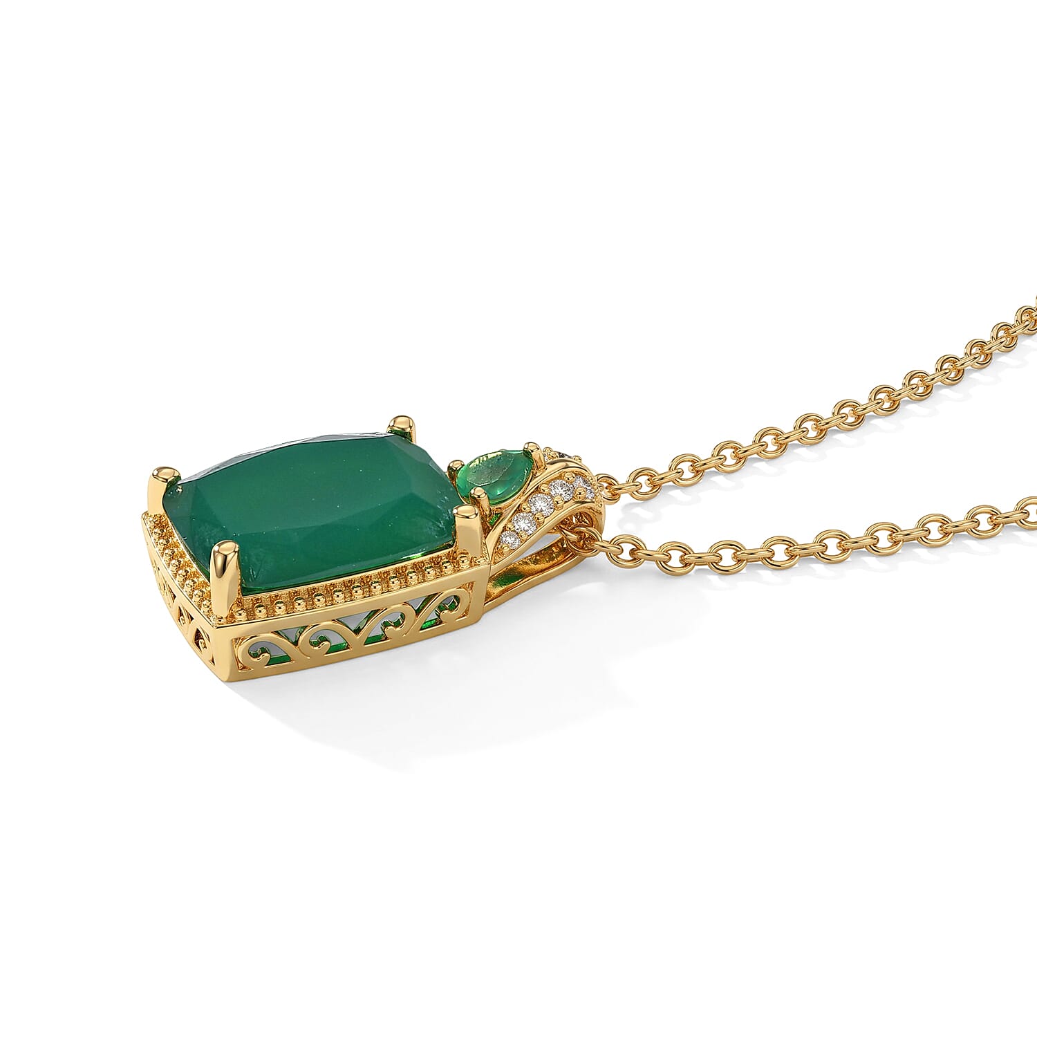 EverTrue Premium Verde Onyx and White Zircon 6.80 ctw Pendant in 18K YG Plated with ION Plated YG Stainless Steel Necklace 20 Inches