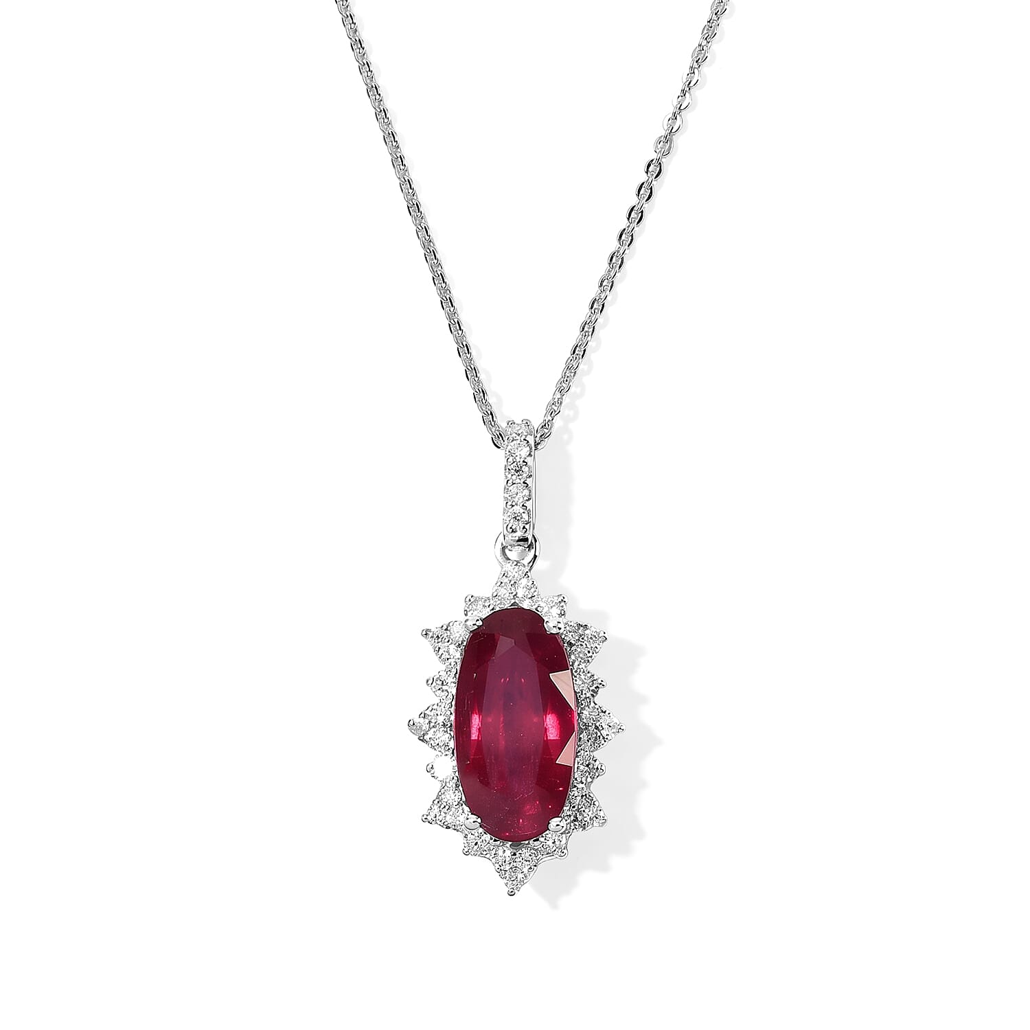 Certified & Appraised D'Joy Premium Niassa Ruby (FF) and Moissanite 5.40 ctw Pendant Necklace in Rhodium Over Sterling Silver 18 Inches