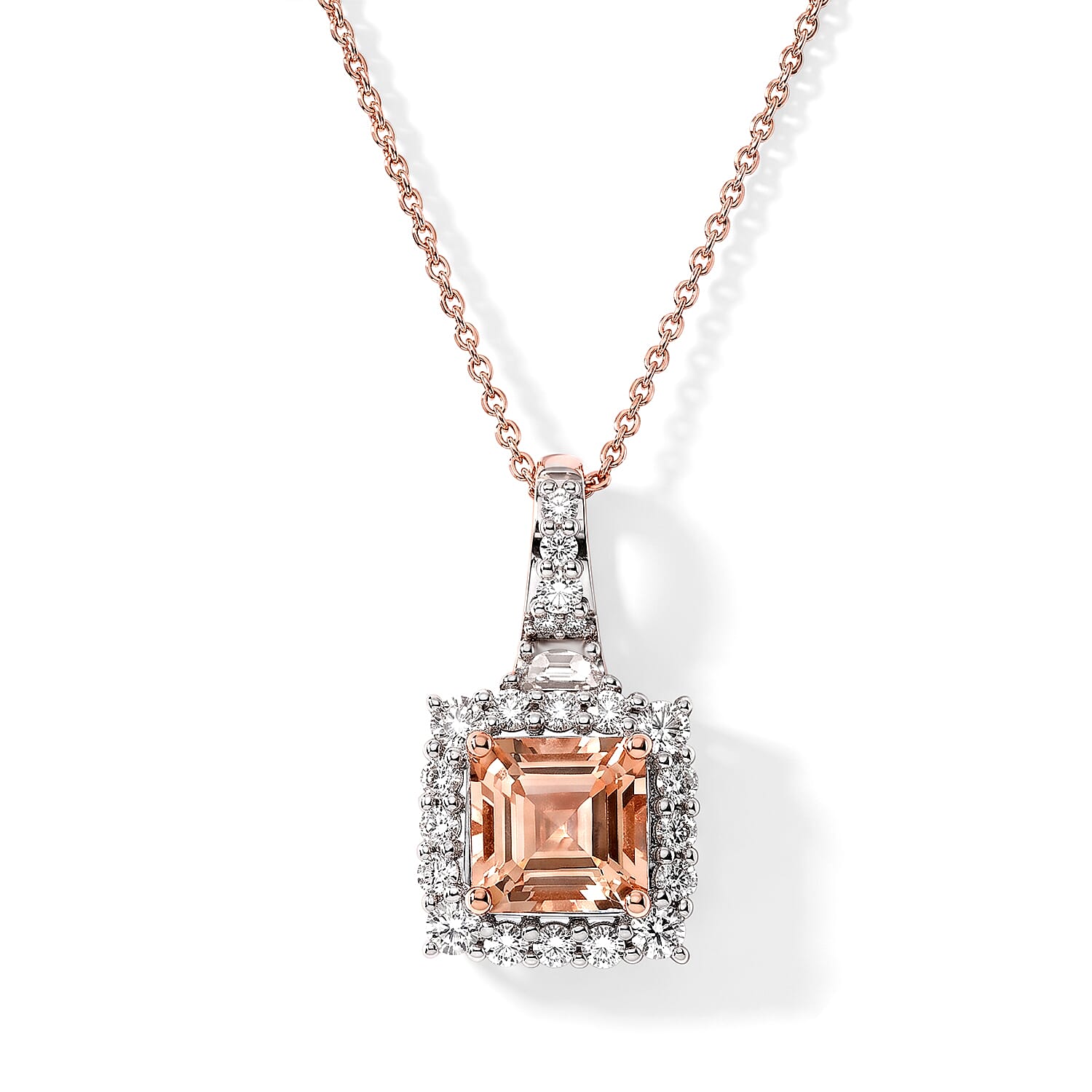Certified and Appraised D'Joy Premium Asscher Cut Marropino Morganite and Moissanite 2.50 ctw Pendant Necklace (18 Inches) in 18K Vermeil Rose Gold Over Sterling Silver