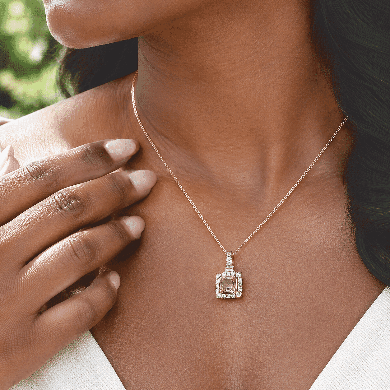 Certified and Appraised D'Joy Premium Asscher Cut Marropino Morganite and Moissanite 2.50 ctw Pendant Necklace (18 Inches) in 18K Vermeil Rose Gold Over Sterling Silver