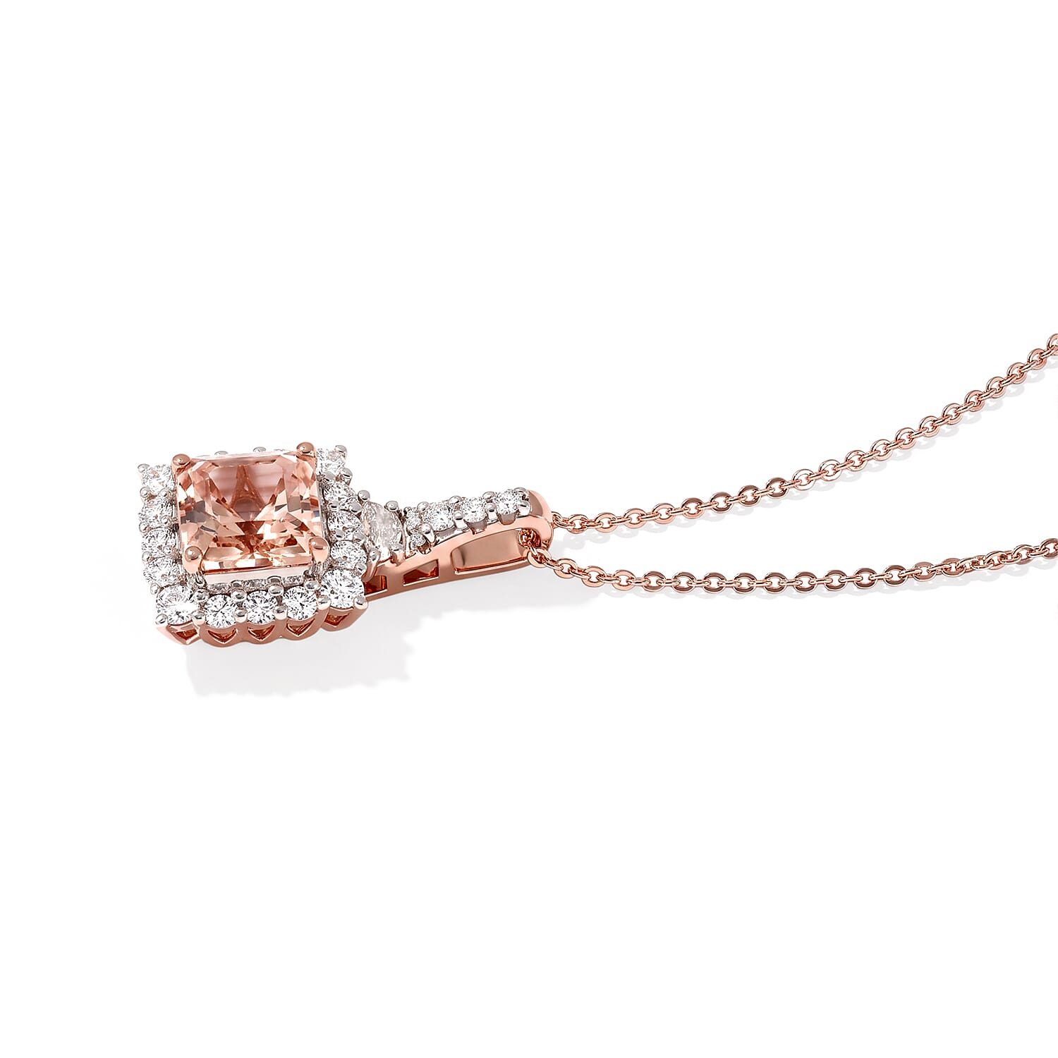 Certified and Appraised D'Joy Premium Asscher Cut Marropino Morganite and Moissanite 2.50 ctw Pendant Necklace (18 Inches) in 18K Vermeil Rose Gold Over Sterling Silver