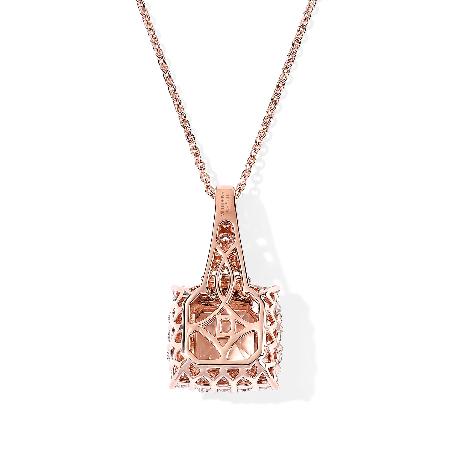 Certified and Appraised D'Joy Premium Asscher Cut Marropino Morganite and Moissanite 2.50 ctw Pendant Necklace (18 Inches) in 18K Vermeil Rose Gold Over Sterling Silver