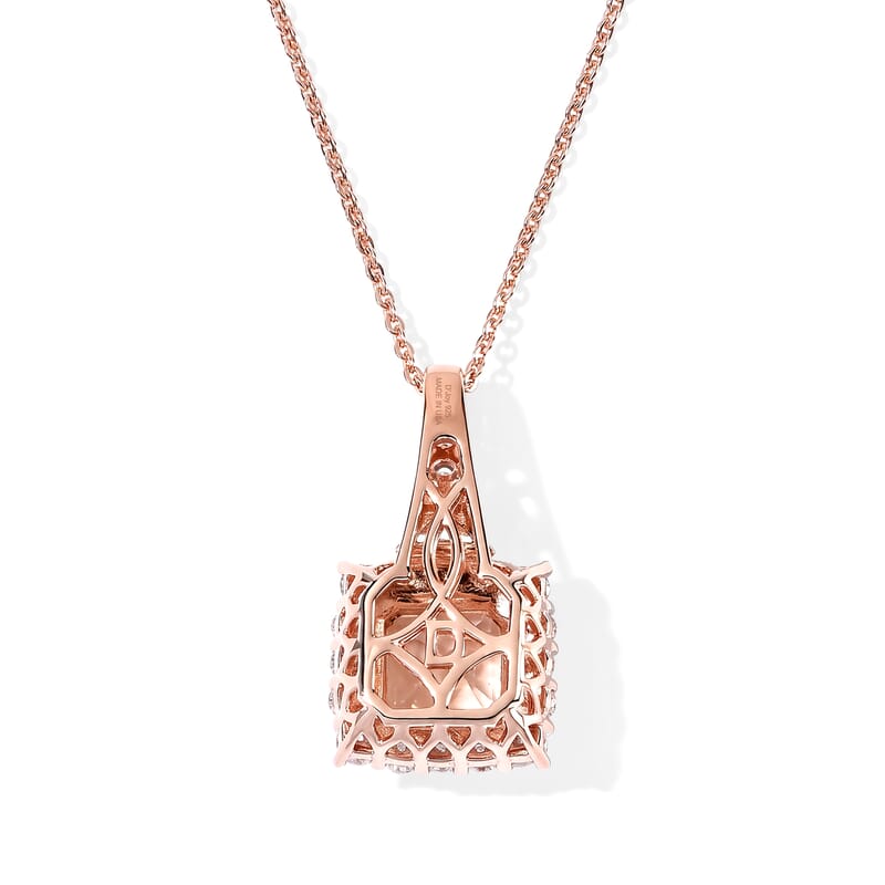 Certified and Appraised D'Joy Premium Asscher Cut Marropino Morganite and Moissanite 2.50 ctw Pendant Necklace (18 Inches) in 18K Vermeil Rose Gold Over Sterling Silver