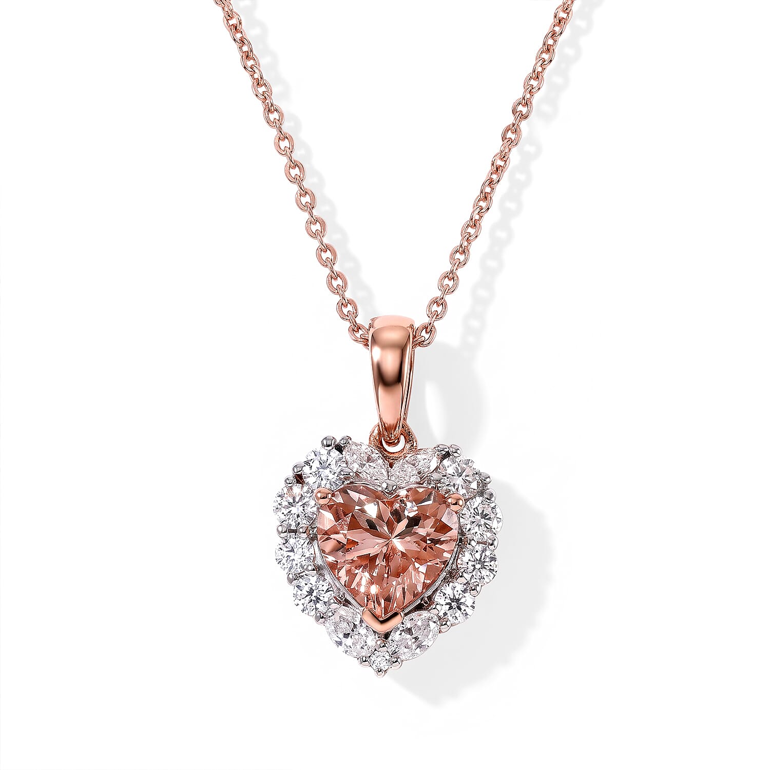 Certified & Appraised D'Joy Premium Marropino Morganite and Moissanite 1.70 ctw Heart Pendant Necklace in 18K Vermeil Rose Gold Over Sterling Silver 18 Inches
