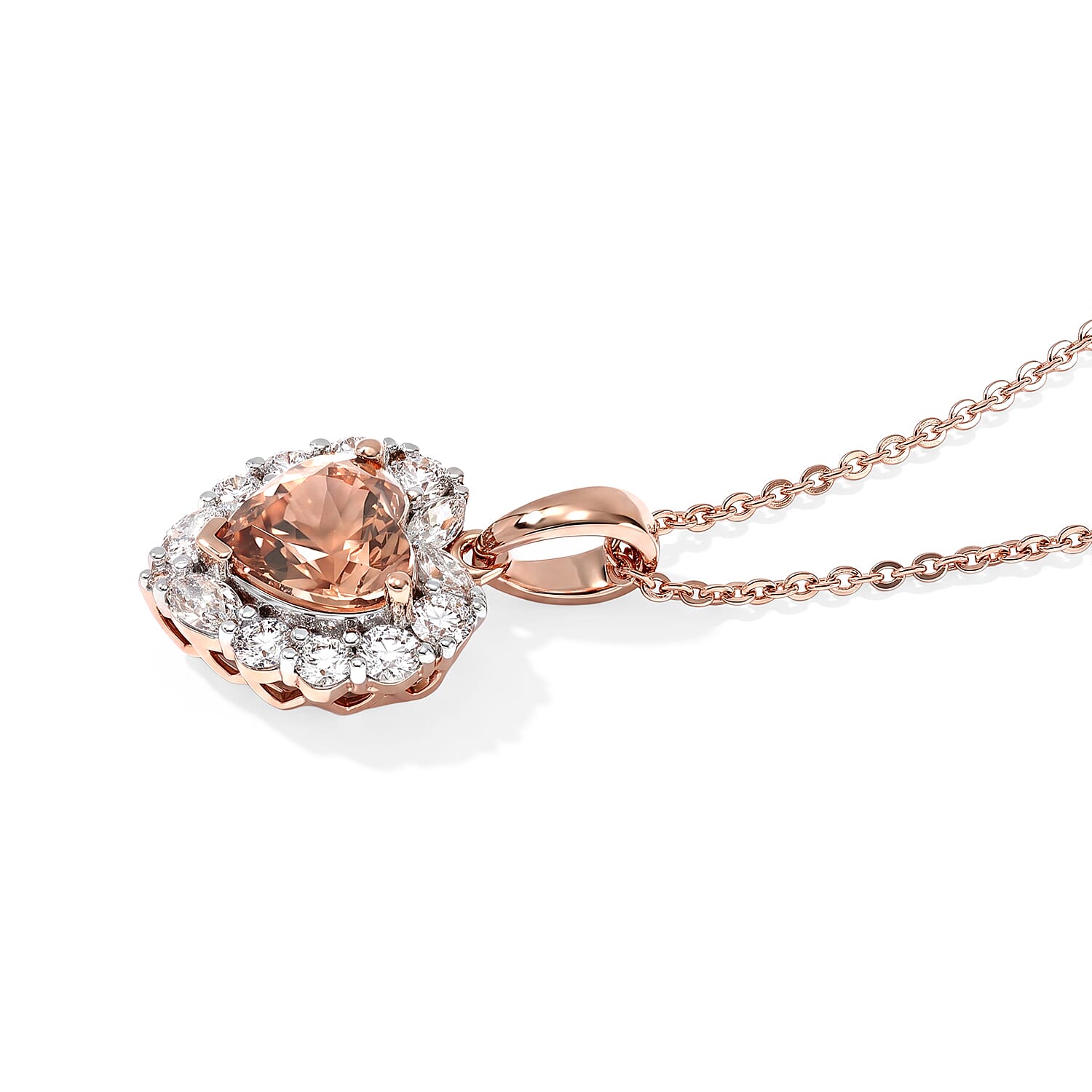 Certified & Appraised D'Joy Premium Marropino Morganite and Moissanite 1.70 ctw Heart Pendant Necklace in 18K Vermeil Rose Gold Over Sterling Silver 18 Inches