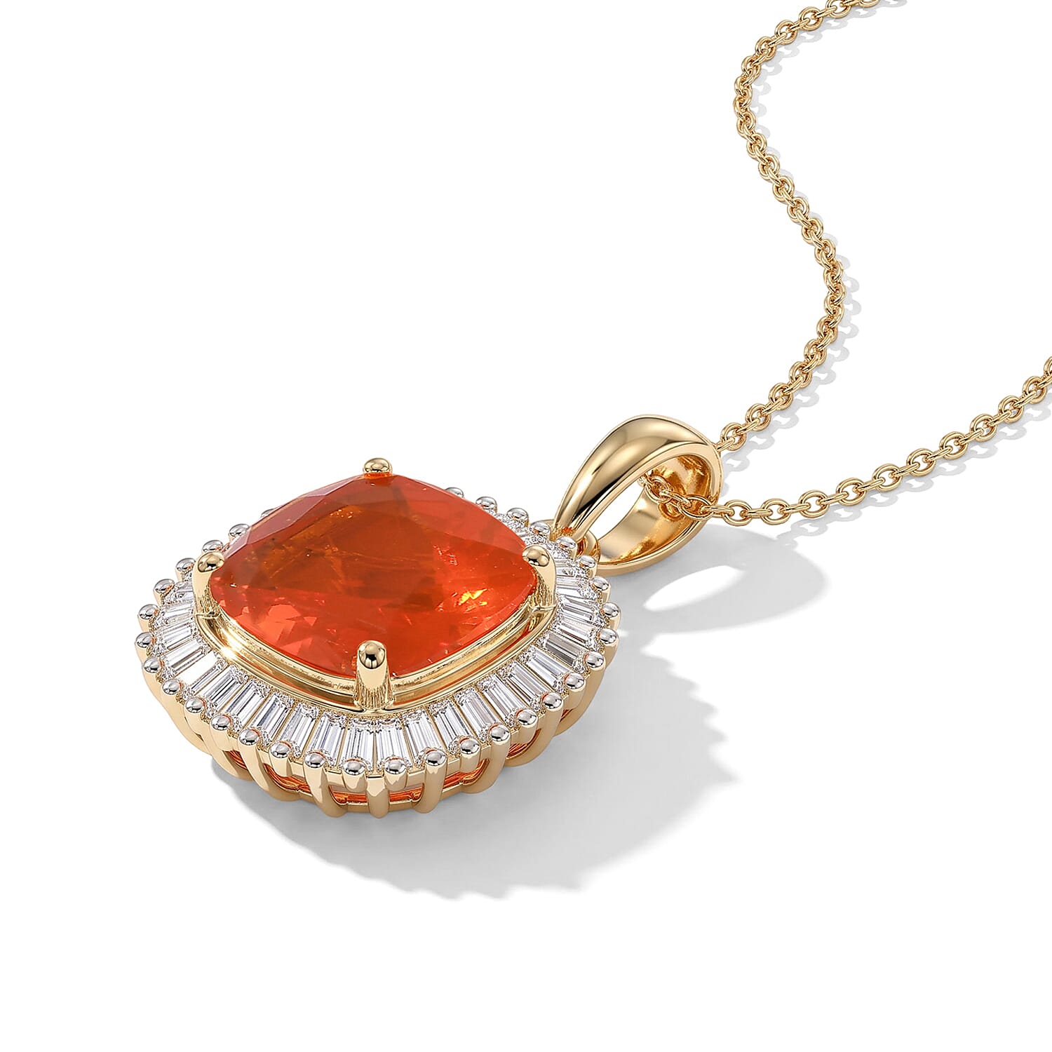 AAA Crimson Fire Opal, Luxuriant Lab Grown Diamond VS 2.25 ctw Scarlet Sunburst Pendant Necklace in 10K Yellow Gold 20 Inches