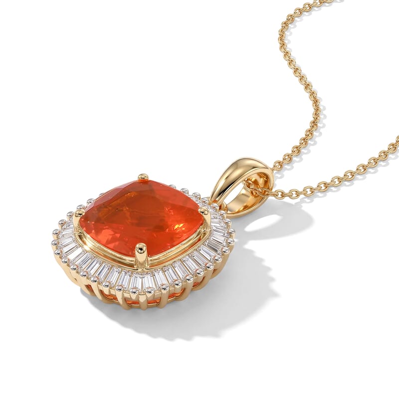 AAA Crimson Fire Opal, Luxuriant Lab Grown Diamond VS 2.25 ctw Scarlet Sunburst Pendant Necklace in 10K Yellow Gold 20 Inches