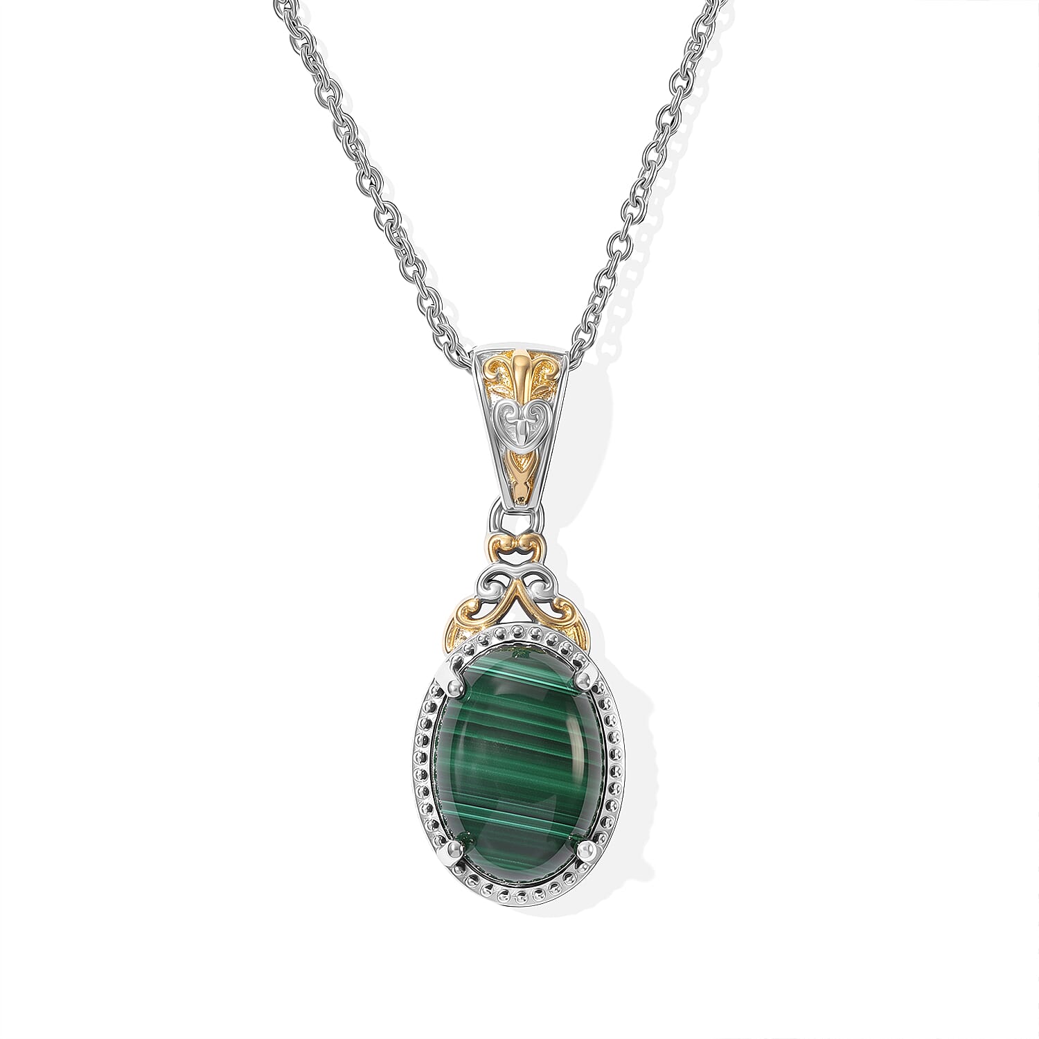 EverTrue African Malachite Pendant in 18K YG Plated and Platinum Bond with Stainless Steel Necklace (20 Inches) (Ships in 10-12 Days) 8.90 ctw