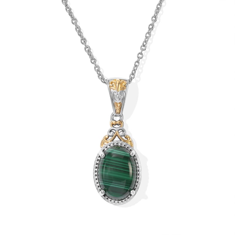 EverTrue African Malachite 8.90 ctw Verdant Filigree Pendant in 18K YG Plated and Platinum Bond with Stainless Steel Necklace 20 Inches