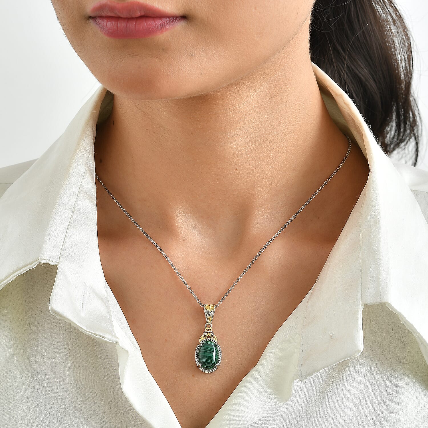 EverTrue African Malachite 8.90 ctw Verdant Filigree Pendant in 18K YG Plated and Platinum Bond with Stainless Steel Necklace 20 Inches