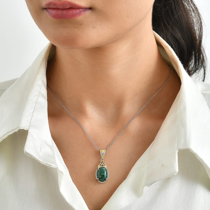 EverTrue African Malachite 8.90 ctw Verdant Filigree Pendant in 18K YG Plated and Platinum Bond with Stainless Steel Necklace 20 Inches