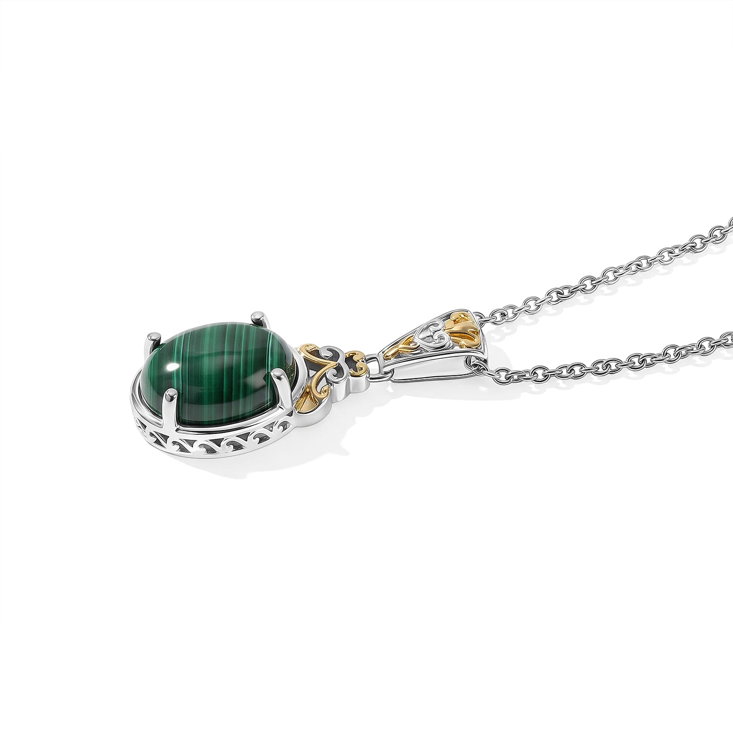 EverTrue African Malachite 8.90 ctw Verdant Filigree Pendant in 18K YG Plated and Platinum Bond with Stainless Steel Necklace 20 Inches