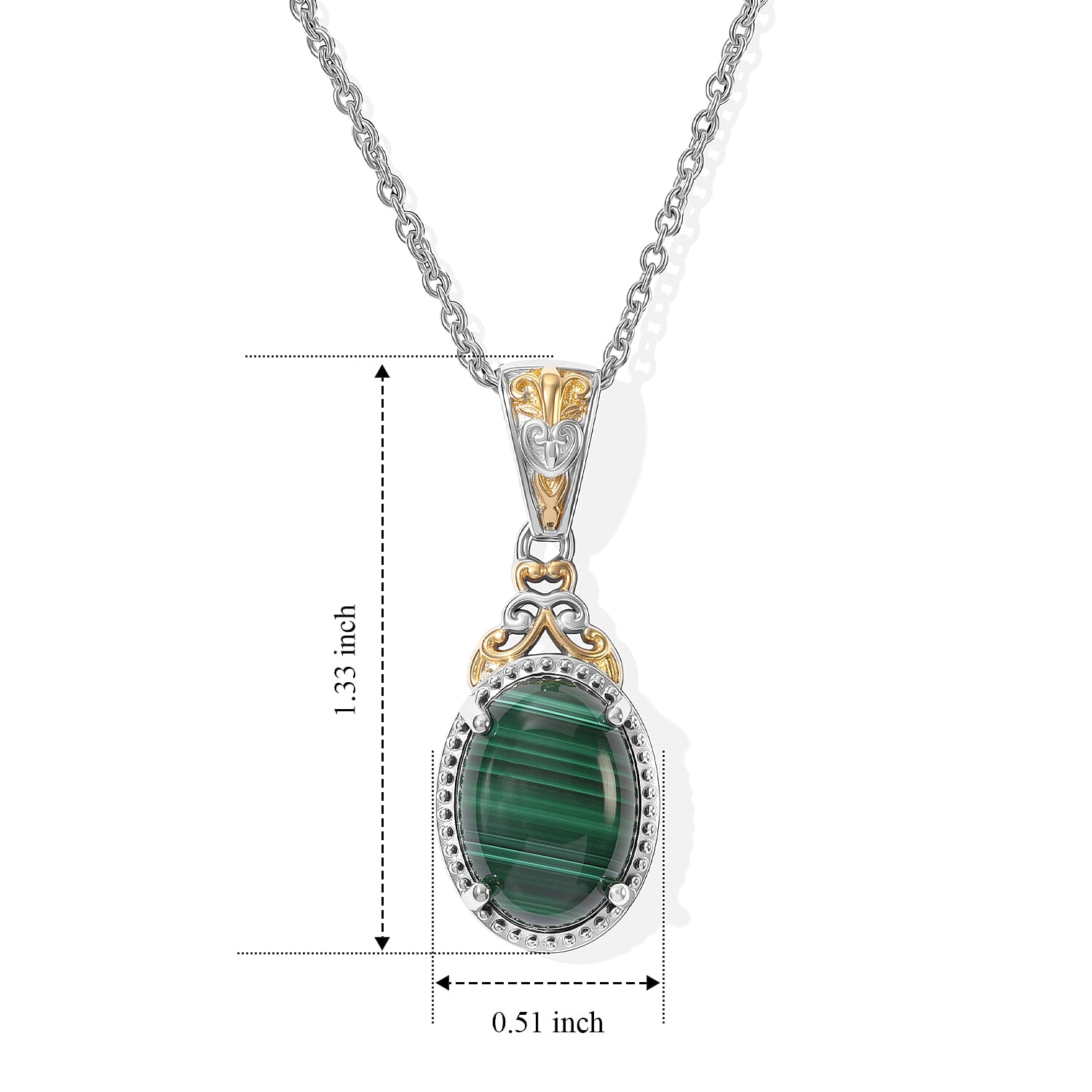 EverTrue African Malachite 8.90 ctw Verdant Filigree Pendant in 18K YG Plated and Platinum Bond with Stainless Steel Necklace 20 Inches