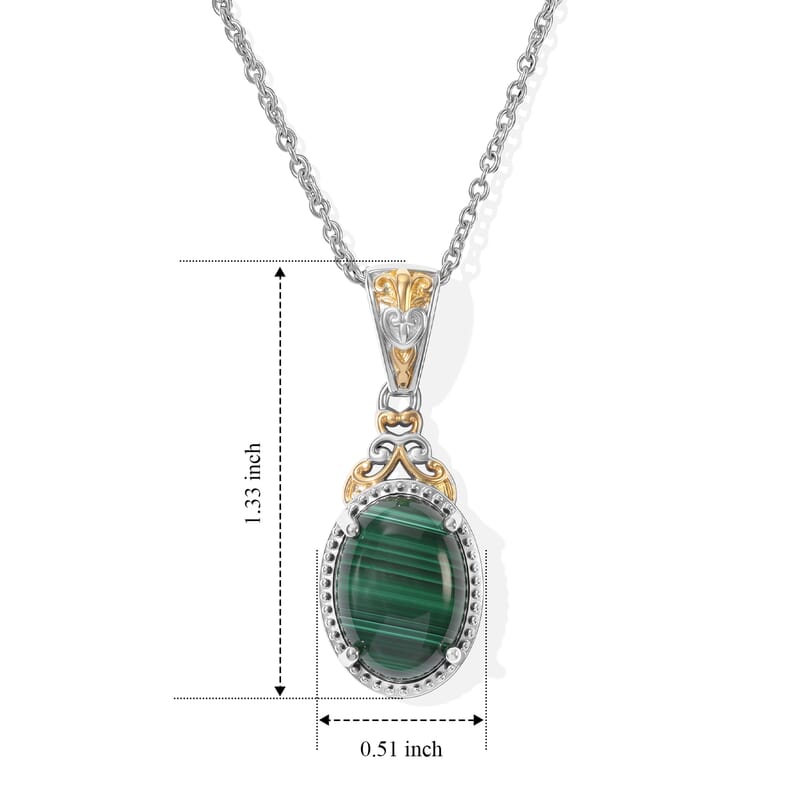 EverTrue African Malachite 8.90 ctw Verdant Filigree Pendant in 18K YG Plated and Platinum Bond with Stainless Steel Necklace 20 Inches