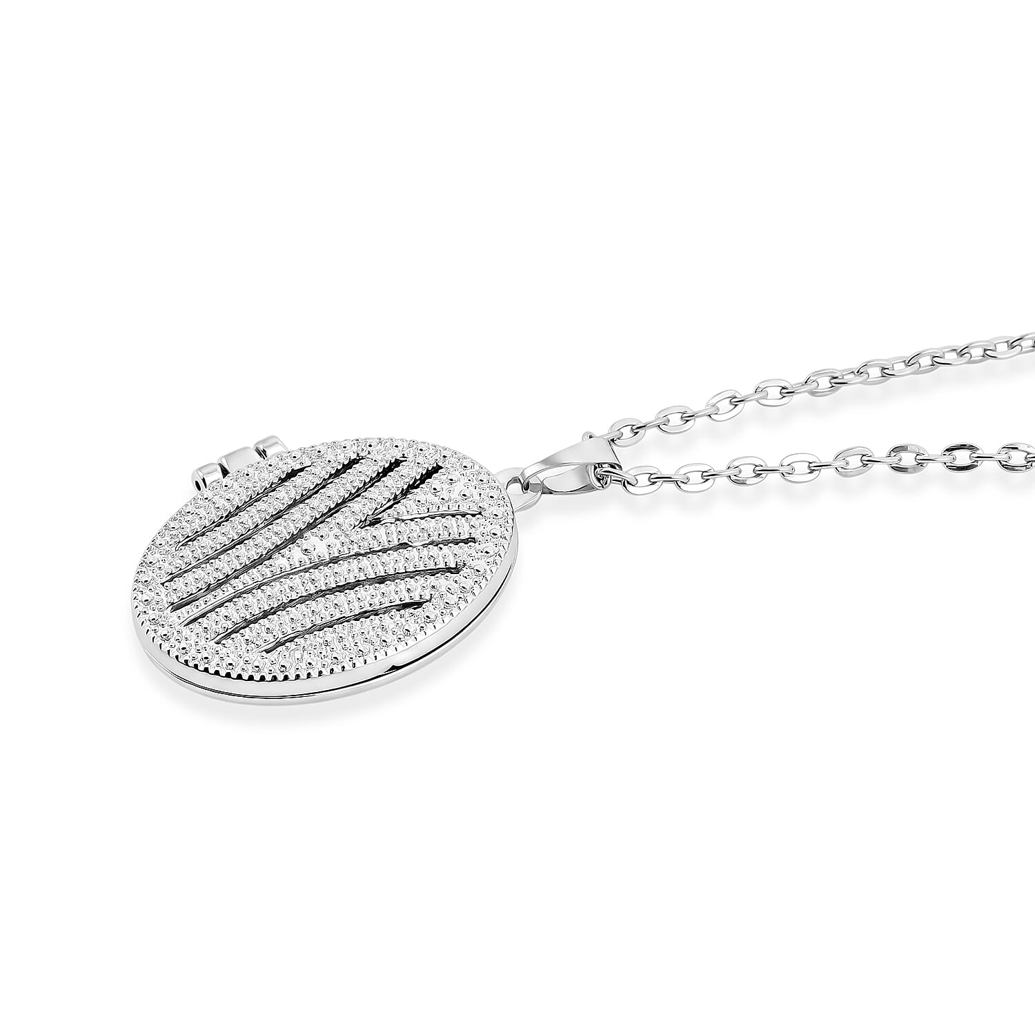 Oval Stipple Design Locket Pendant Necklace (18 Inches) in Silvertone