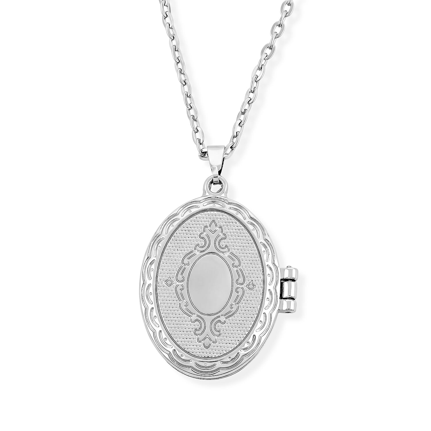 Oval Stipple Design Locket Pendant Necklace (18 Inches) in Silvertone