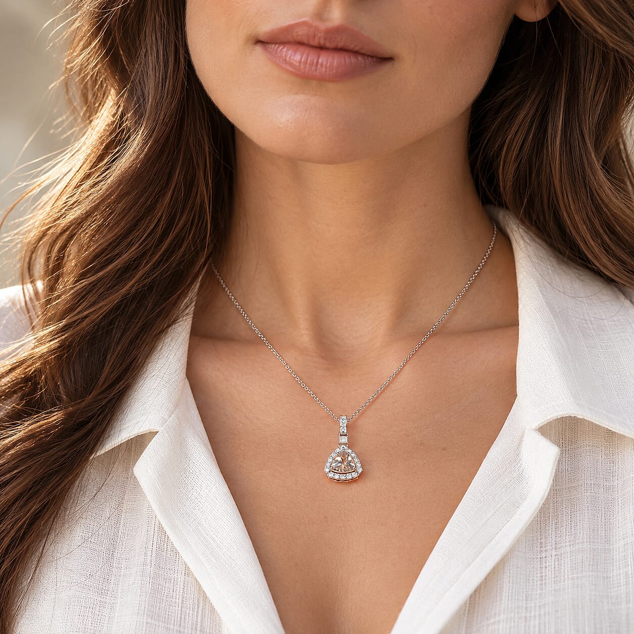 Certified & Appraised D'Joy Premium Marropino Morganite and Moissanite 1.40 ctw Pendant Necklace in 18K Vermeil Rose Gold Over Sterling Silver 20 Inches