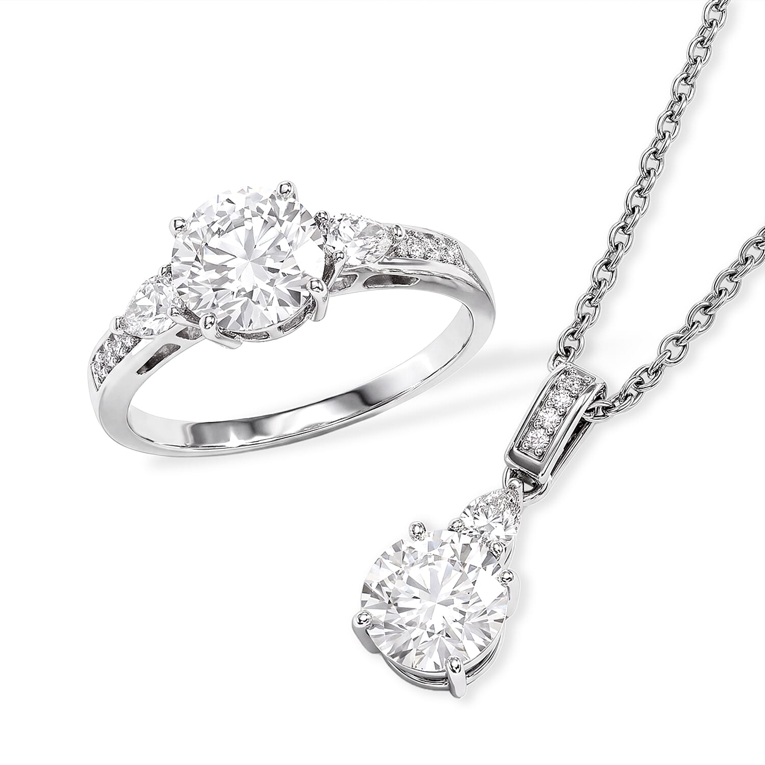 Doorbuster D'Joy Moissanite 3.50 ctw Ring (Size 8) and Pendant in Platinum Over Sterling Silver with Stainless Steel Necklace 20 Inches