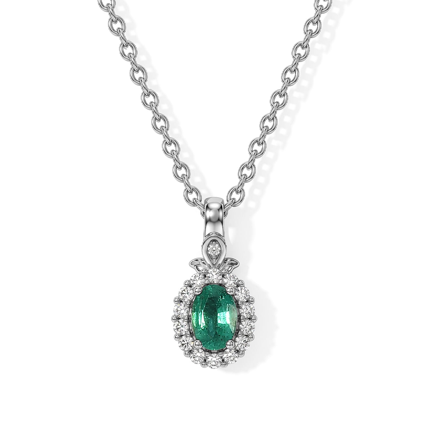 D''Joy Premium Kagem Zambian Emerald and White Zircon 0.70 ctw Pendant Necklace in Rhodium Over Sterling Silver 20 Inches