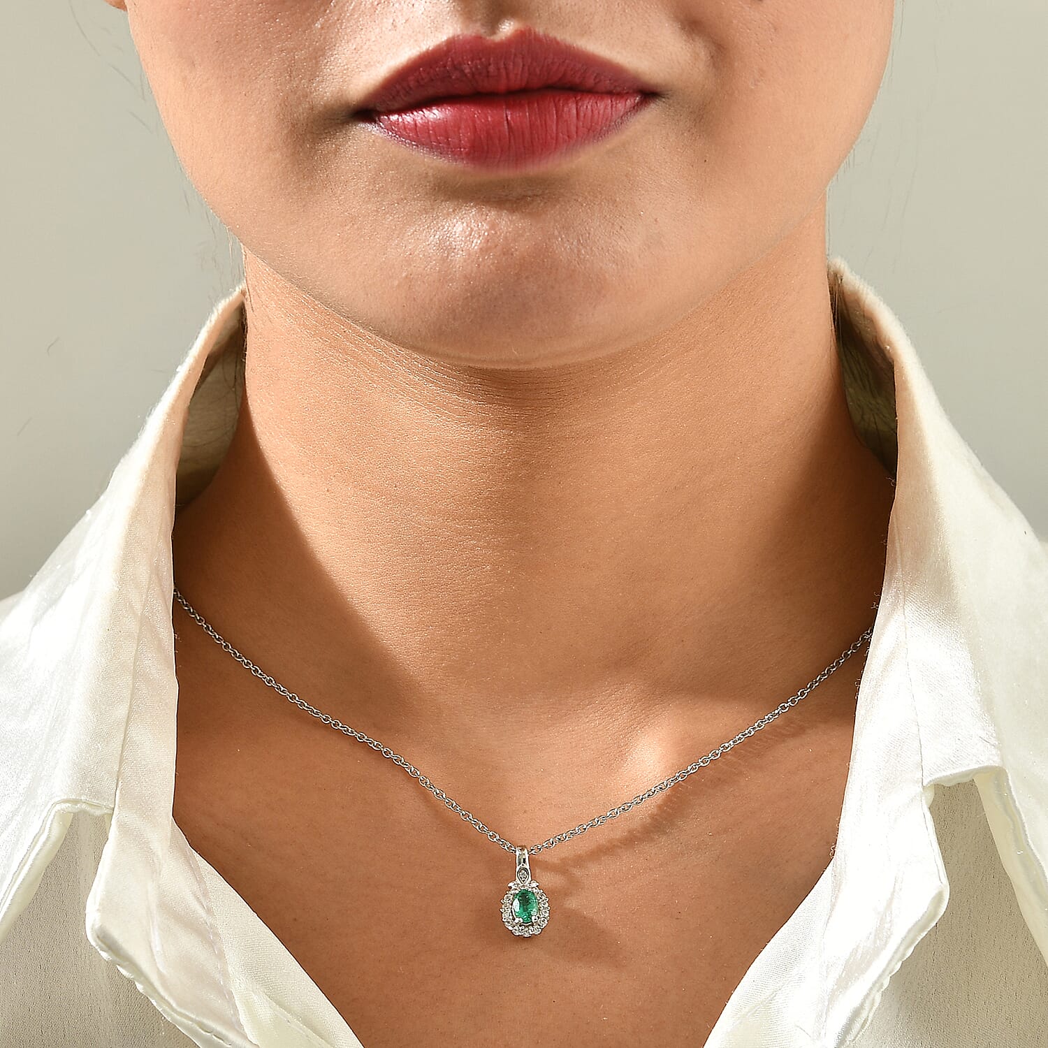 D'Joy Premium Kagem Zambian Emerald and White Zircon 0.70 ctw Pendant Necklace in Rhodium Over Sterling Silver 20 Inches