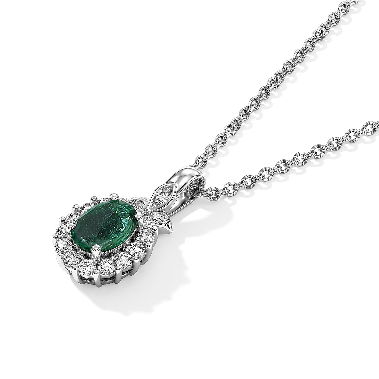 D'Joy Premium Kagem Zambian Emerald and White Zircon 0.70 ctw Pendant Necklace in Rhodium Over Sterling Silver 20 Inches