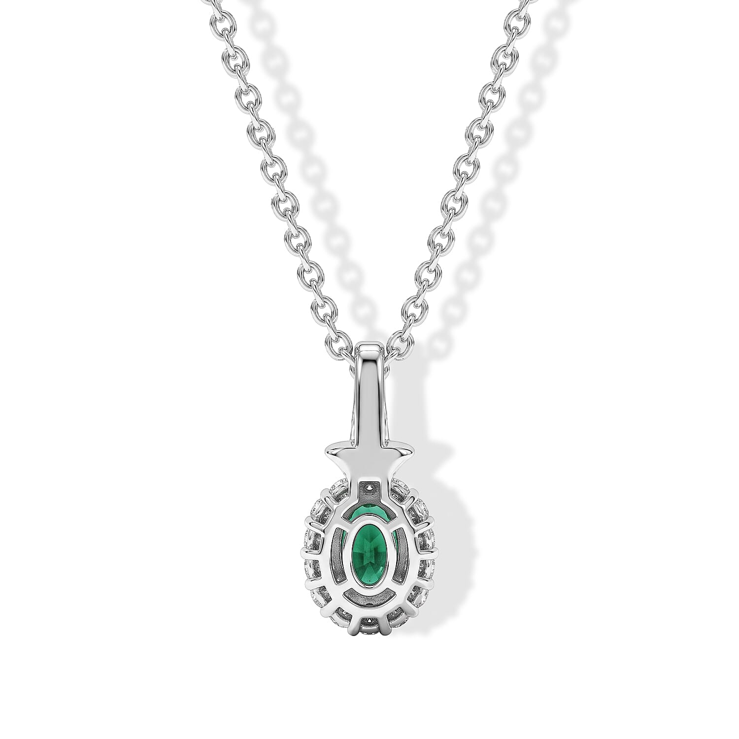 D'Joy Premium Kagem Zambian Emerald and White Zircon 0.70 ctw Pendant Necklace in Rhodium Over Sterling Silver 20 Inches