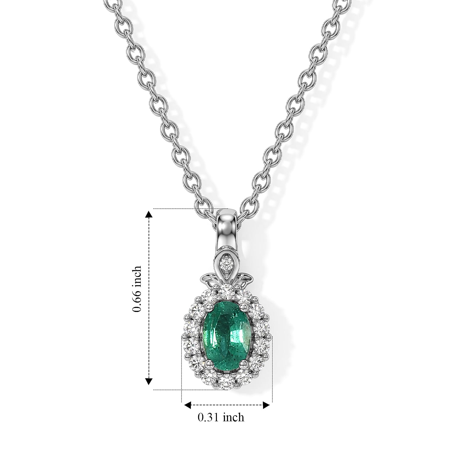 D'Joy Premium Kagem Zambian Emerald and White Zircon 0.70 ctw Pendant Necklace in Rhodium Over Sterling Silver 20 Inches