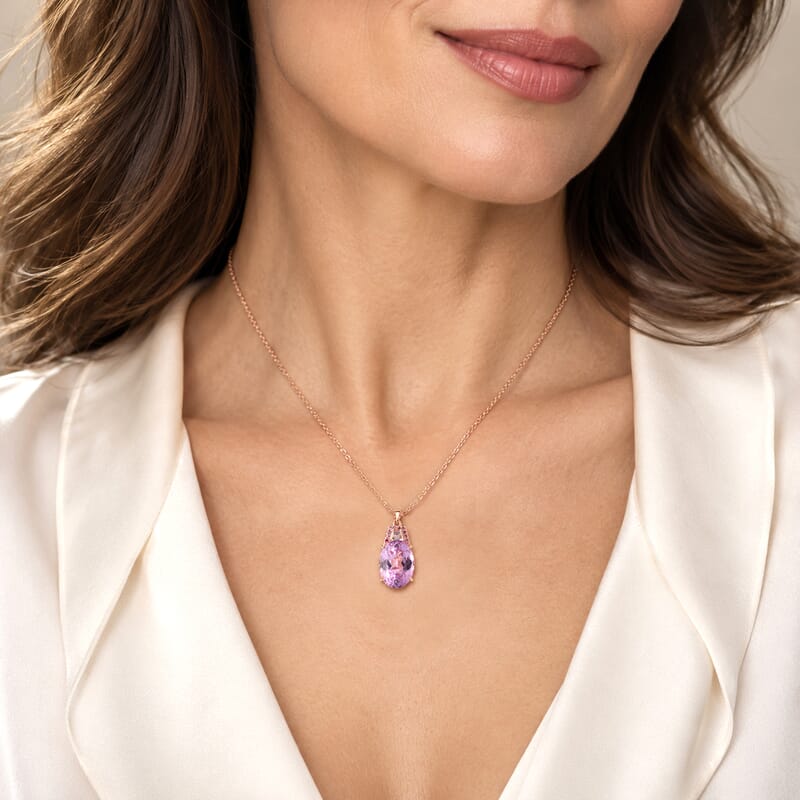 AAA Martha Rocha Kunzite, Lab Grown Pink and White Diamond (IR) VS 17.00 ctw Crown Jewel Pendant Necklace in 10K Rose Gold 18 Inches