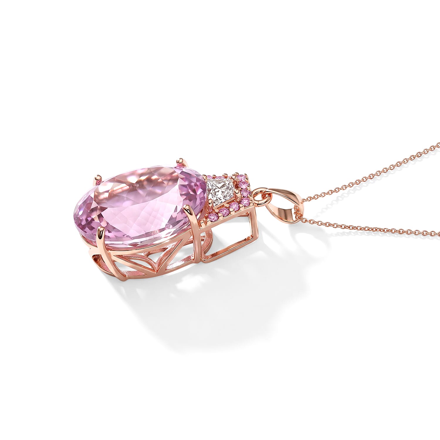 AAA Martha Rocha Kunzite, Lab Grown Pink and White Diamond (IR) VS 17.00 ctw Crown Jewel Pendant Necklace in 10K Rose Gold 18 Inches