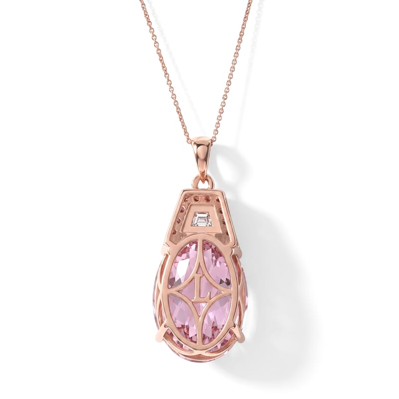 AAA Martha Rocha Kunzite, Lab Grown Pink and White Diamond (IR) VS 17.00 ctw Crown Jewel Pendant Necklace in 10K Rose Gold 18 Inches