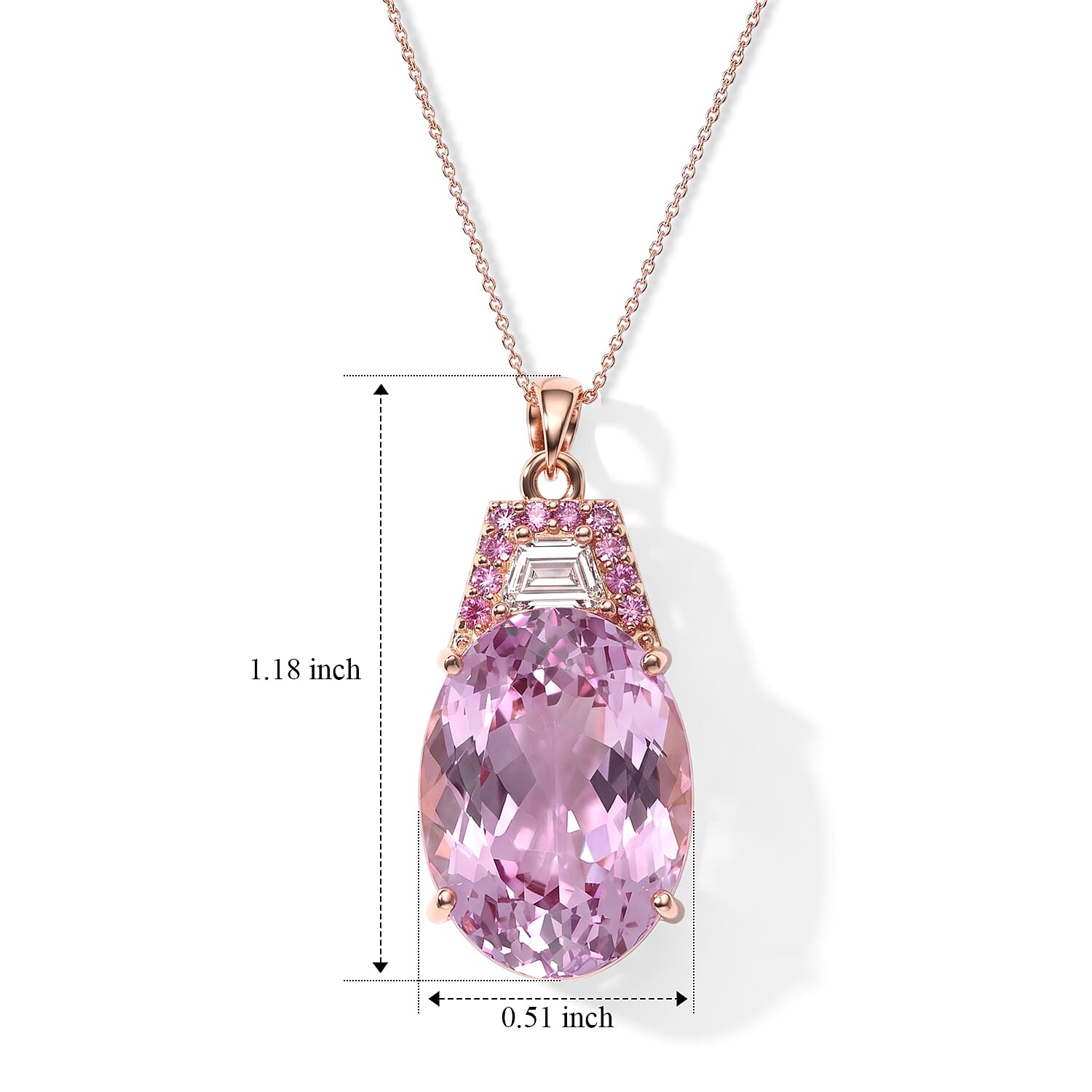 AAA Martha Rocha Kunzite, Lab Grown Pink and White Diamond (IR) VS 17.00 ctw Crown Jewel Pendant Necklace in 10K Rose Gold 18 Inches