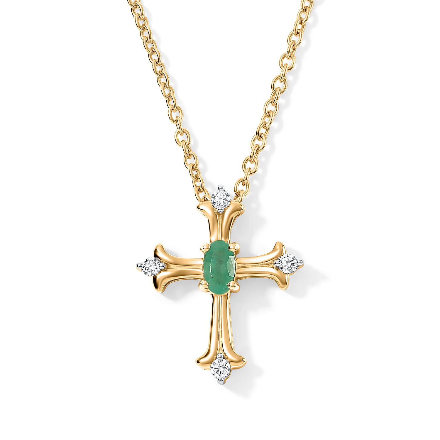 D''Joy Premium Kagem Zambian Emerald and White Zircon 0.30 ctw Pendant in 18K YG Over Sterling Silver with ION Plated YG Stainless Steel Necklace 20 Inches