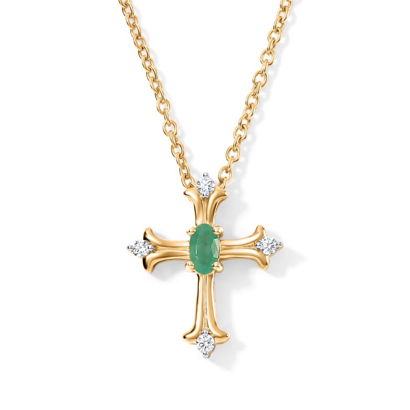 D'Joy Premium Kagem Zambian Emerald and White Zircon 0.35 ctw Cross of Faith Pendant in 18K YG Over Sterling Silver with ION Plated YG Stainless Steel Necklace 20 Inches