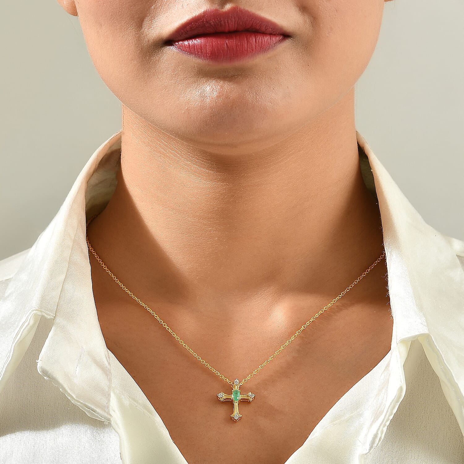 D'Joy Premium Kagem Zambian Emerald and White Zircon 0.35 ctw Cross of Faith Pendant in 18K YG Over Sterling Silver with ION Plated YG Stainless Steel Necklace 20 Inches
