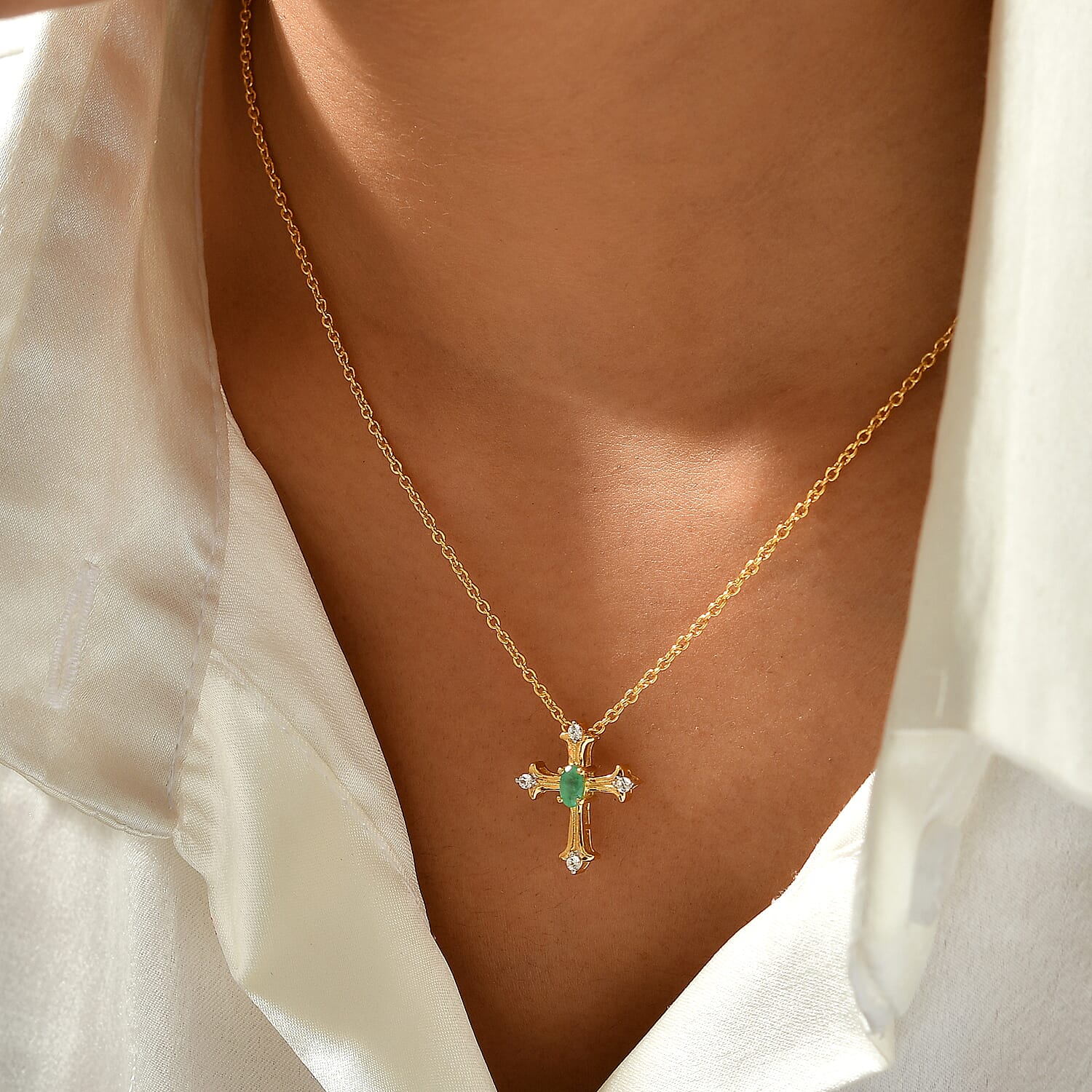 D'Joy Premium Kagem Zambian Emerald and White Zircon 0.35 ctw Cross of Faith Pendant in 18K YG Over Sterling Silver with ION Plated YG Stainless Steel Necklace 20 Inches