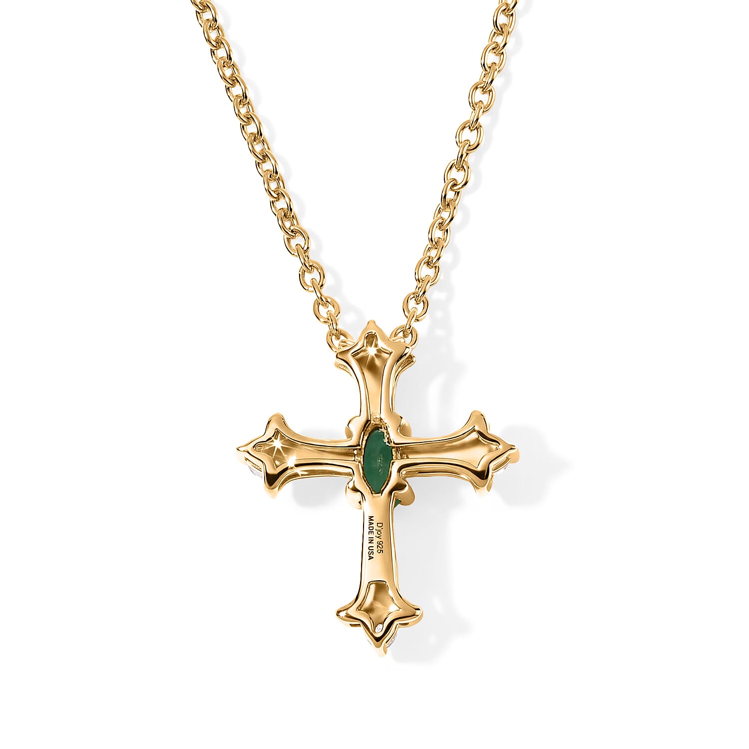 D'Joy Premium Kagem Zambian Emerald and White Zircon 0.35 ctw Cross of Faith Pendant in 18K YG Over Sterling Silver with ION Plated YG Stainless Steel Necklace 20 Inches