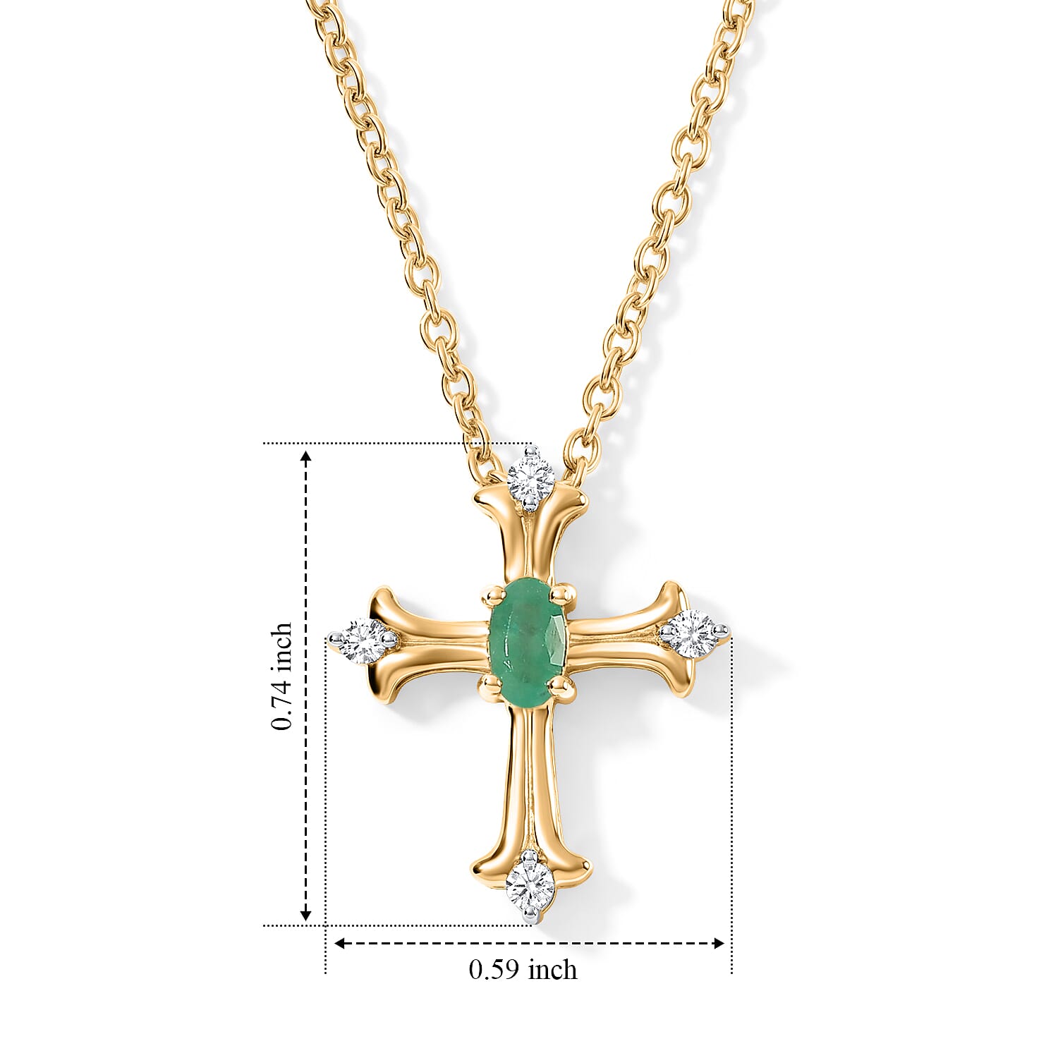 D'Joy Premium Kagem Zambian Emerald and White Zircon 0.35 ctw Cross of Faith Pendant in 18K YG Over Sterling Silver with ION Plated YG Stainless Steel Necklace 20 Inches