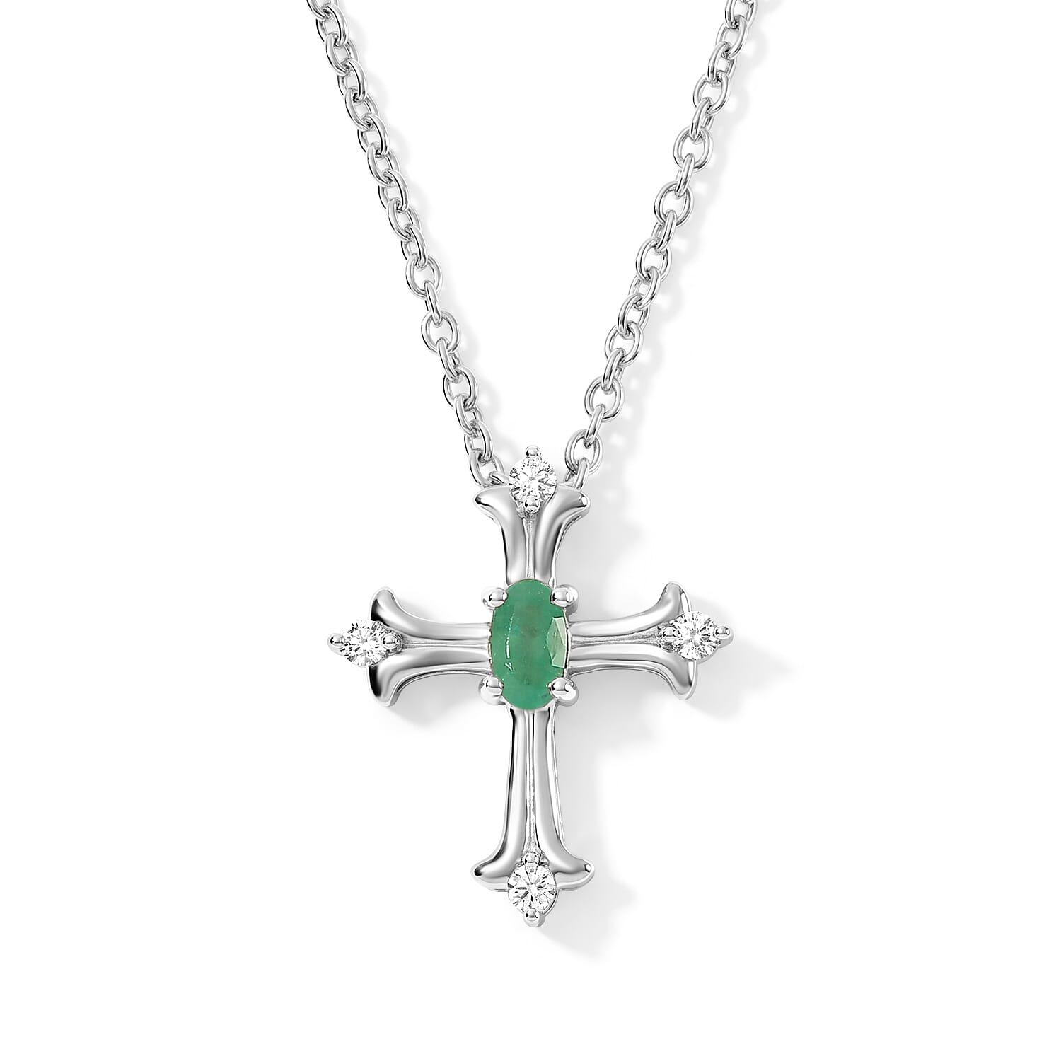 D''Joy Premium Kagem Zambian Emerald, White Zircon Cross of Faith Pendant Necklace (20 Inches) in Rhodium Over Sterling Silver 0.35 ctw