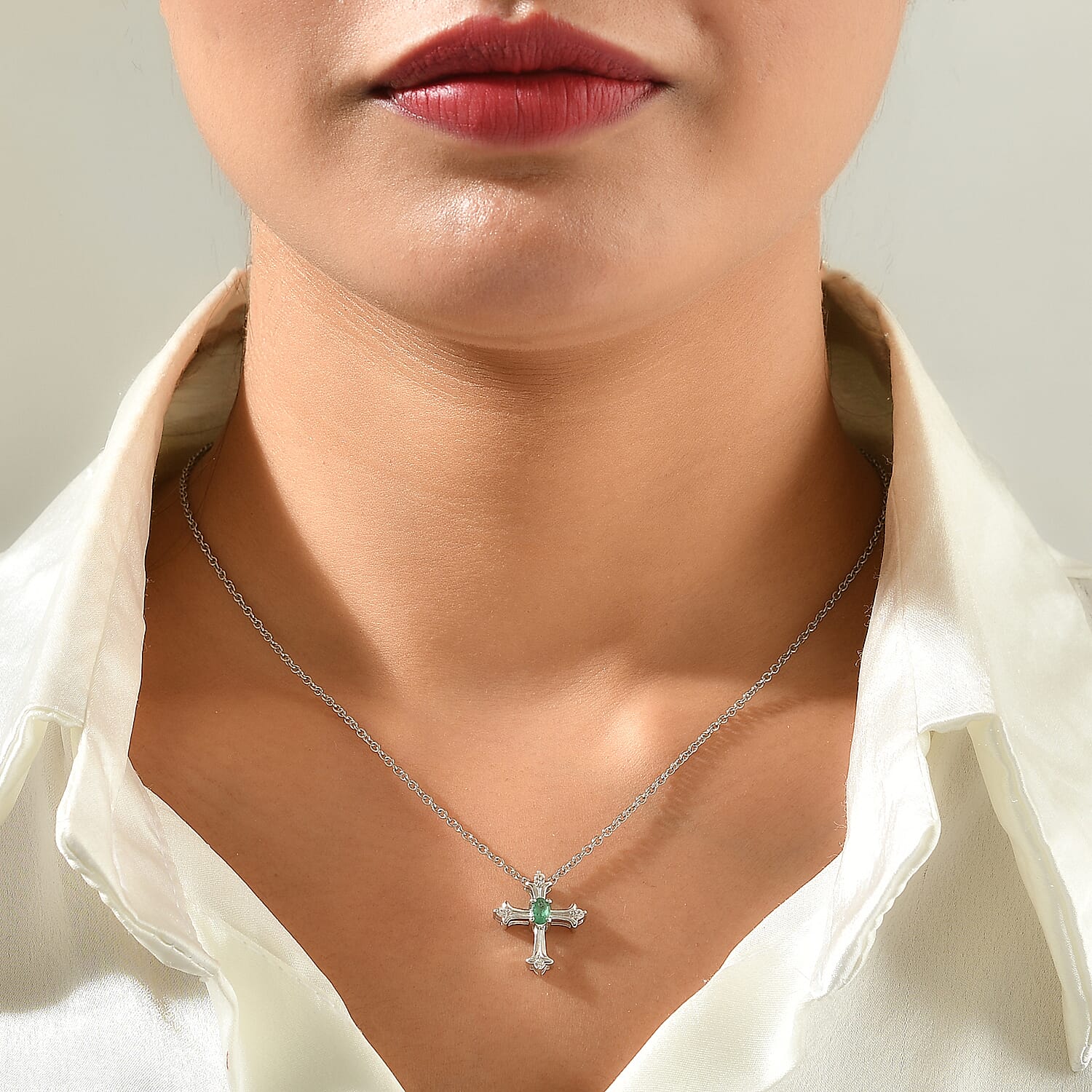 D'Joy Premium Kagem Zambian Emerald and White Zircon 0.35 ctw Cross of Faith Pendant Necklace (20 Inches) in Rhodium Over Sterling Silver