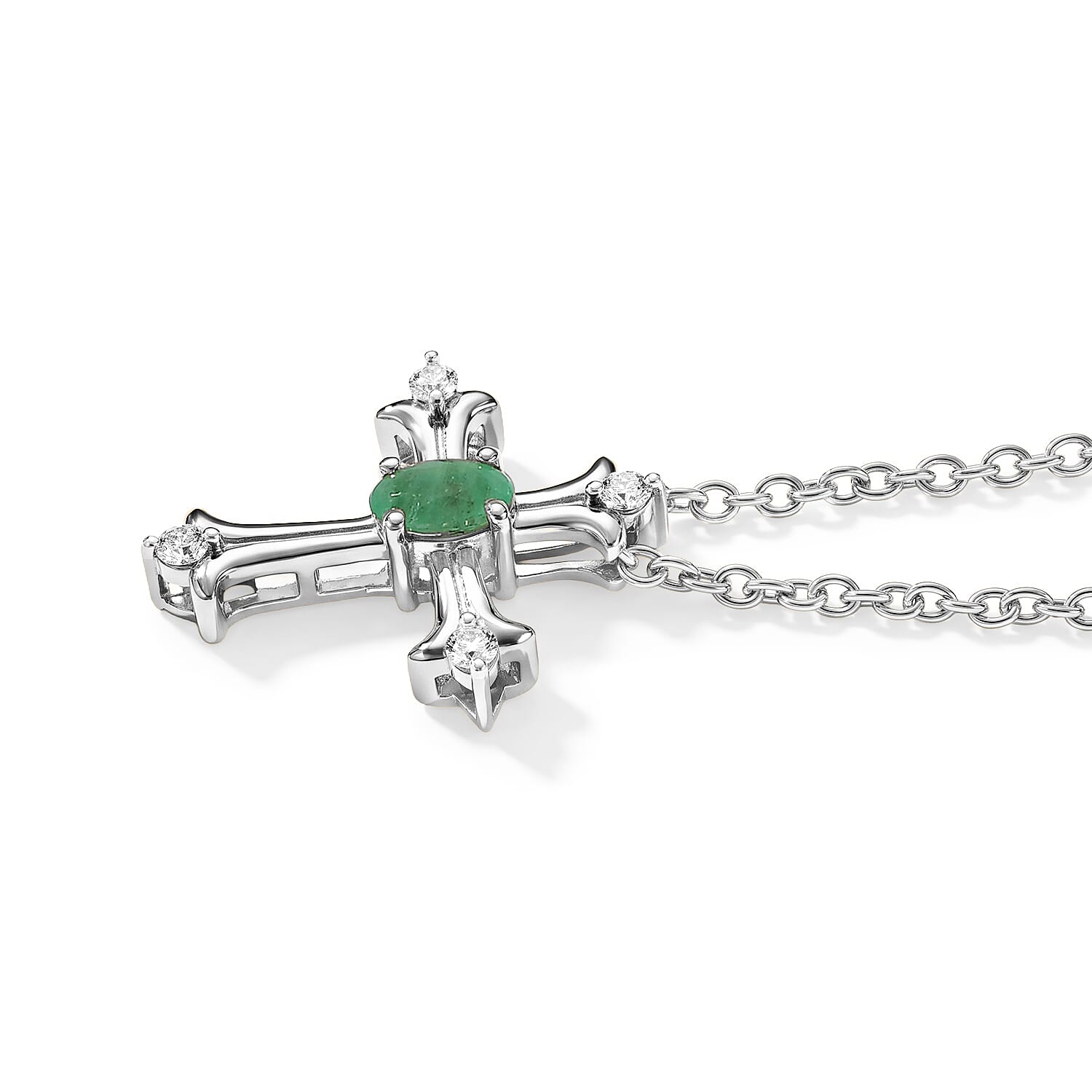 D'Joy Premium Kagem Zambian Emerald and White Zircon 0.35 ctw Cross of Faith Pendant Necklace (20 Inches) in Rhodium Over Sterling Silver